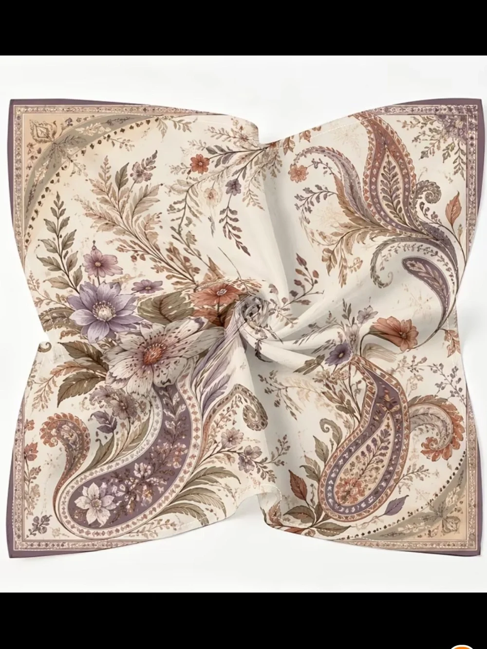 Floral Paisley Silk-Feel Scarf in Cream and Lavender 19”